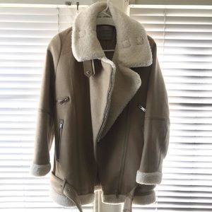 Zara Oversize Suede Shearling biker Aviator Jacket
